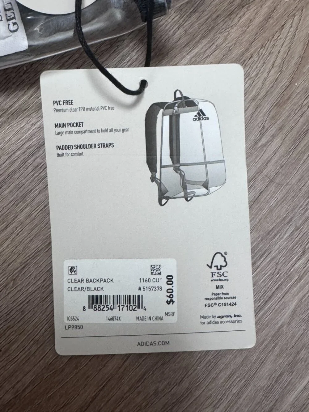 NWT Adidas Clear Backpack PVC Free Unisex  School Bag LP9850 5157378